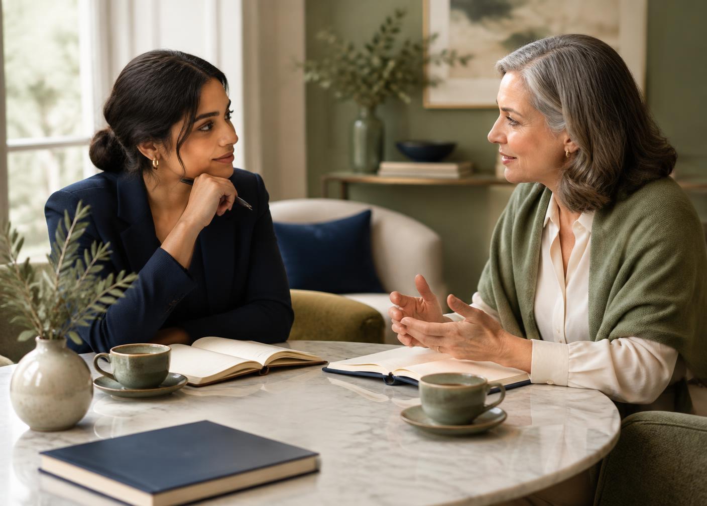 Two members of different generations in a one-on-one mentorship conversation over coffee