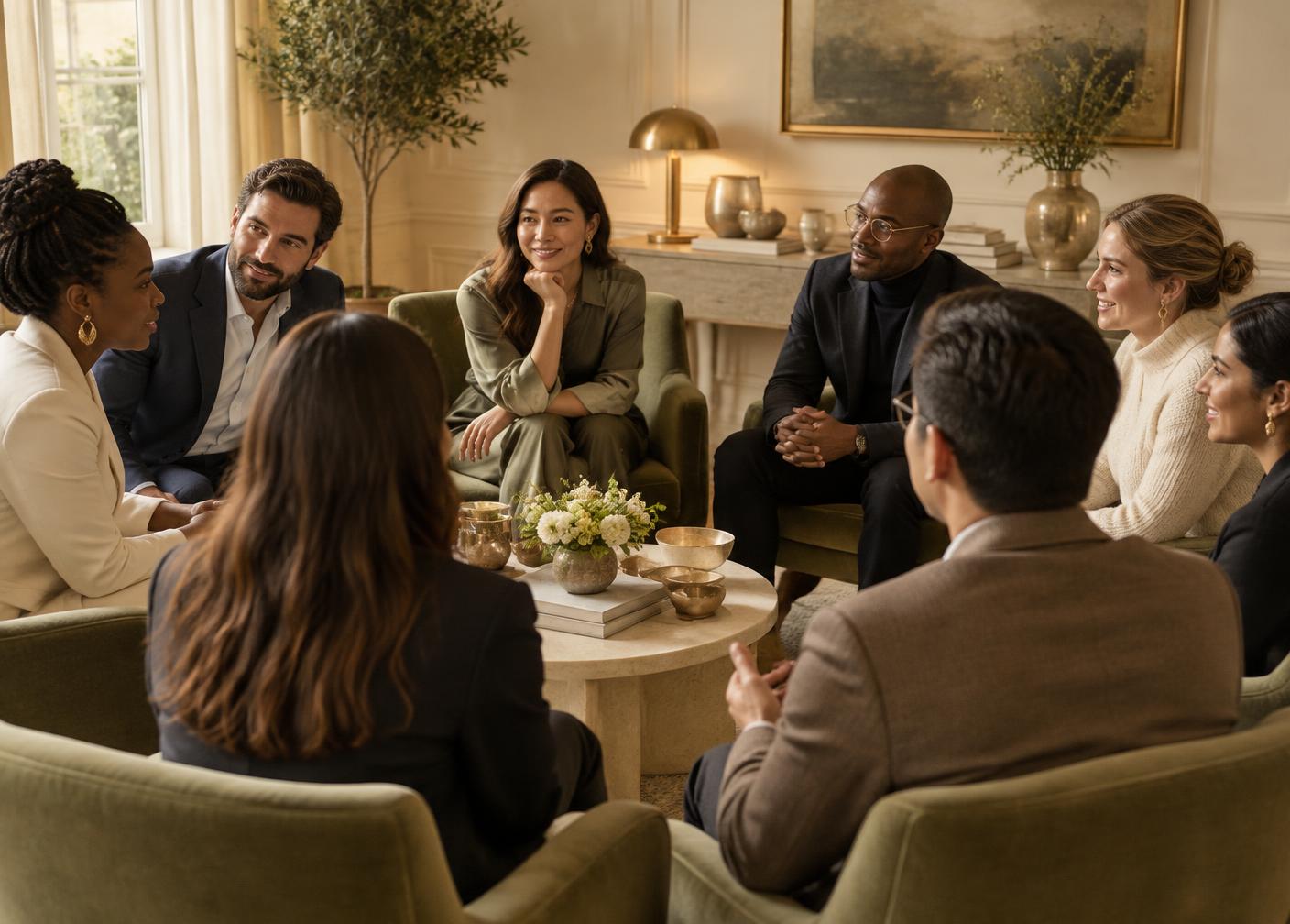 A small circle of members gathered in conversation in a warm, intimate room