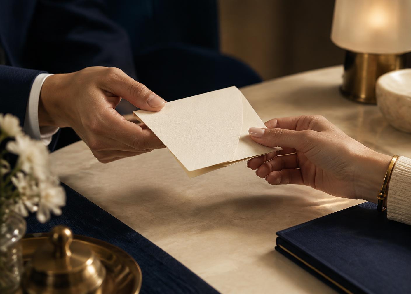 Two hands exchanging a folded card — a thoughtful, personal introduction